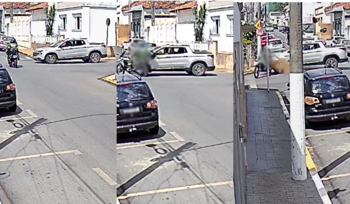 VÍDEO: Motorista bêbado desrespeita sinal de pare e atinge moto em Itararé; piloto e garupa foram arremessados