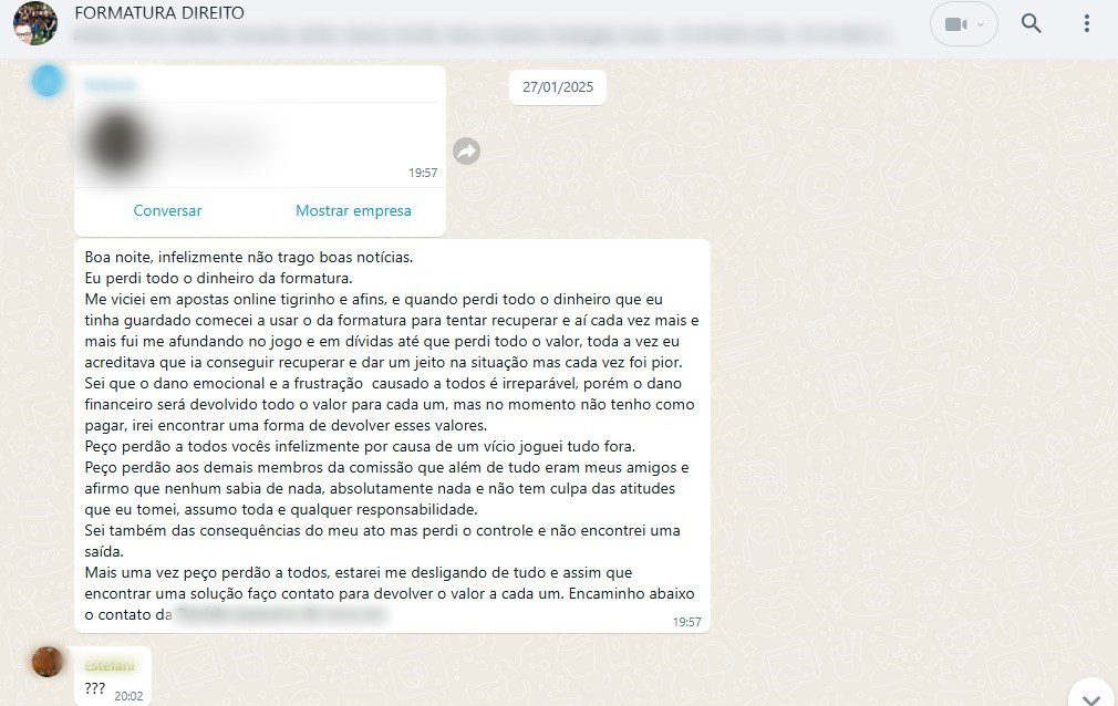 Aluna de direito vai tentar recuperar dinheiro perdido em Jogo do Tigrinho e ressarcir colegas de formatura, diz defesa