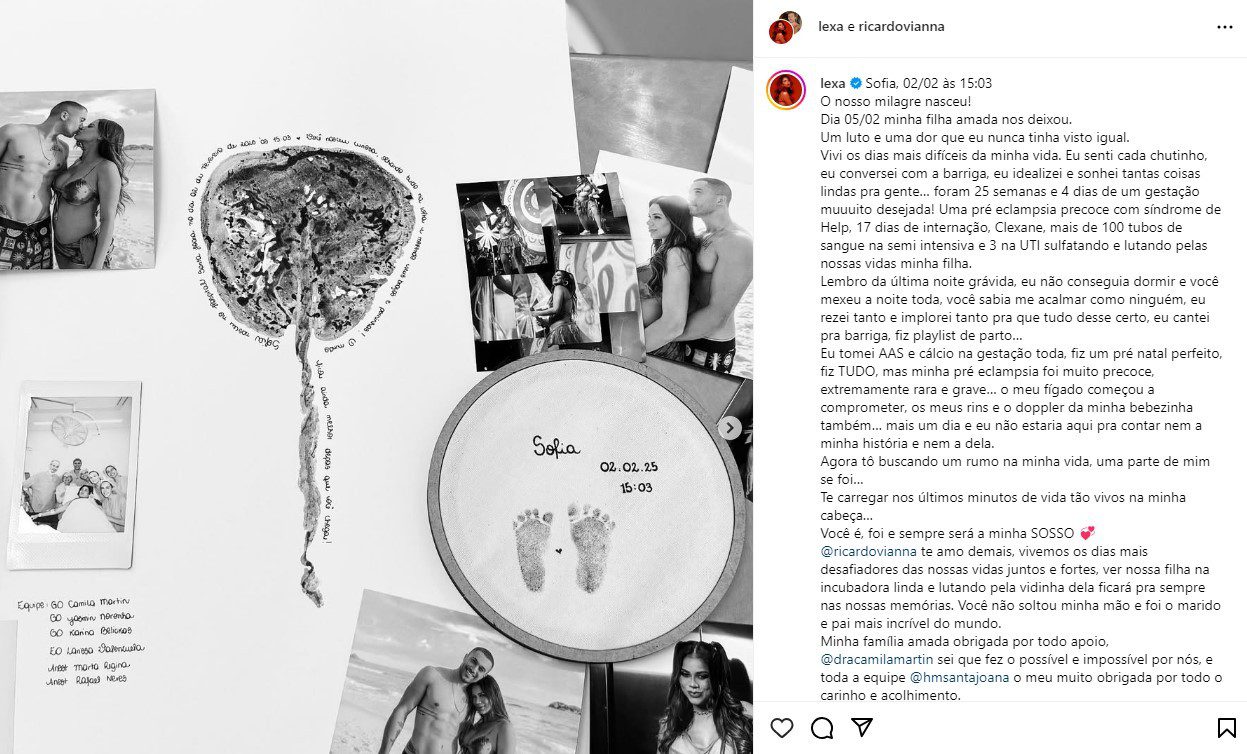 Lexa desabafa sobre perda da filha prematura Sofia: ‘A dor é dilacerante’