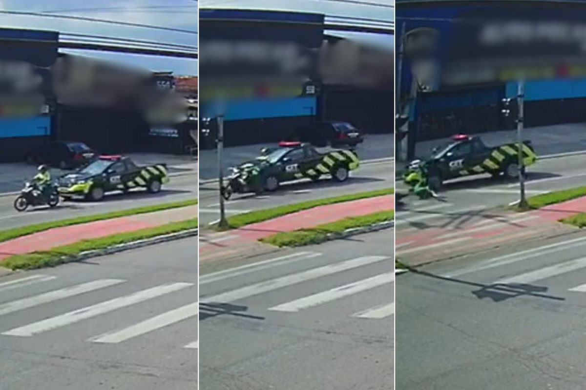 Vídeo mostra agente de trânsito atropelando motociclista no litoral de SP; ASSISTA