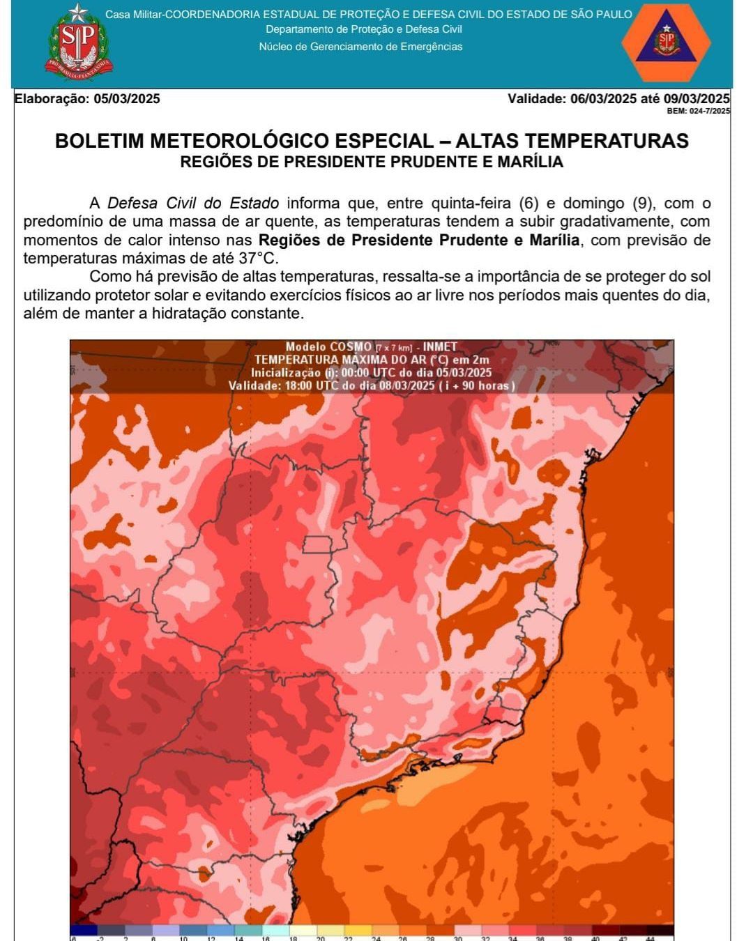 Com previsão de 37ºC, Defesa Civil renova alerta de calor intenso até domingo na região de Presidente Prudente