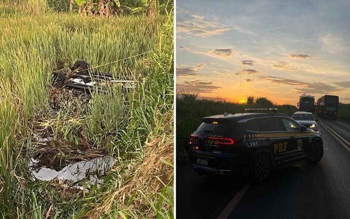 Acidente mata dois homens após caminhonete bater em capivara, cair em ribanceira e ficar submersa em lago