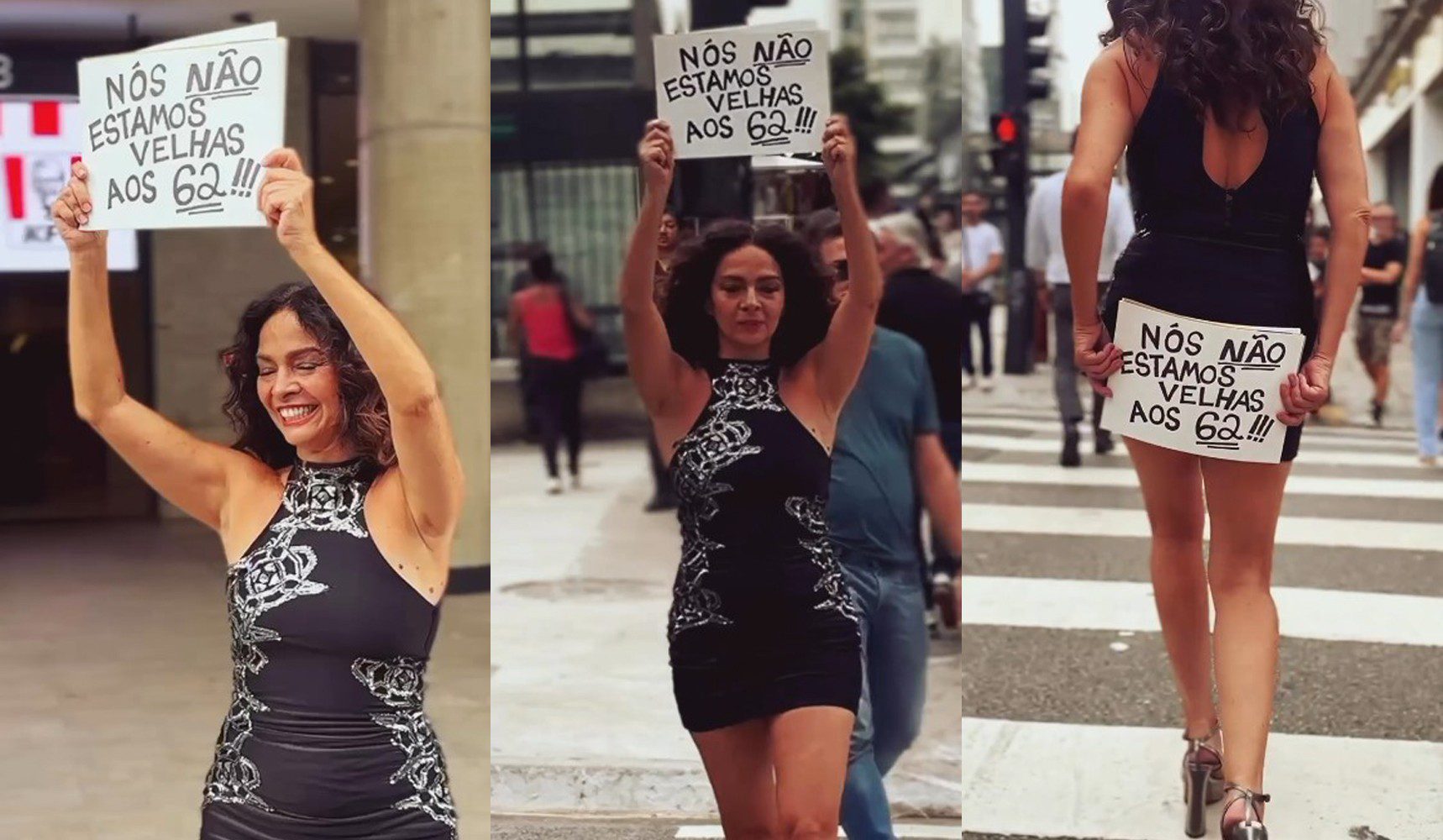 Claudia Ohana faz protesto contra etarismo: ‘Nós não estamos velhas aos 62’