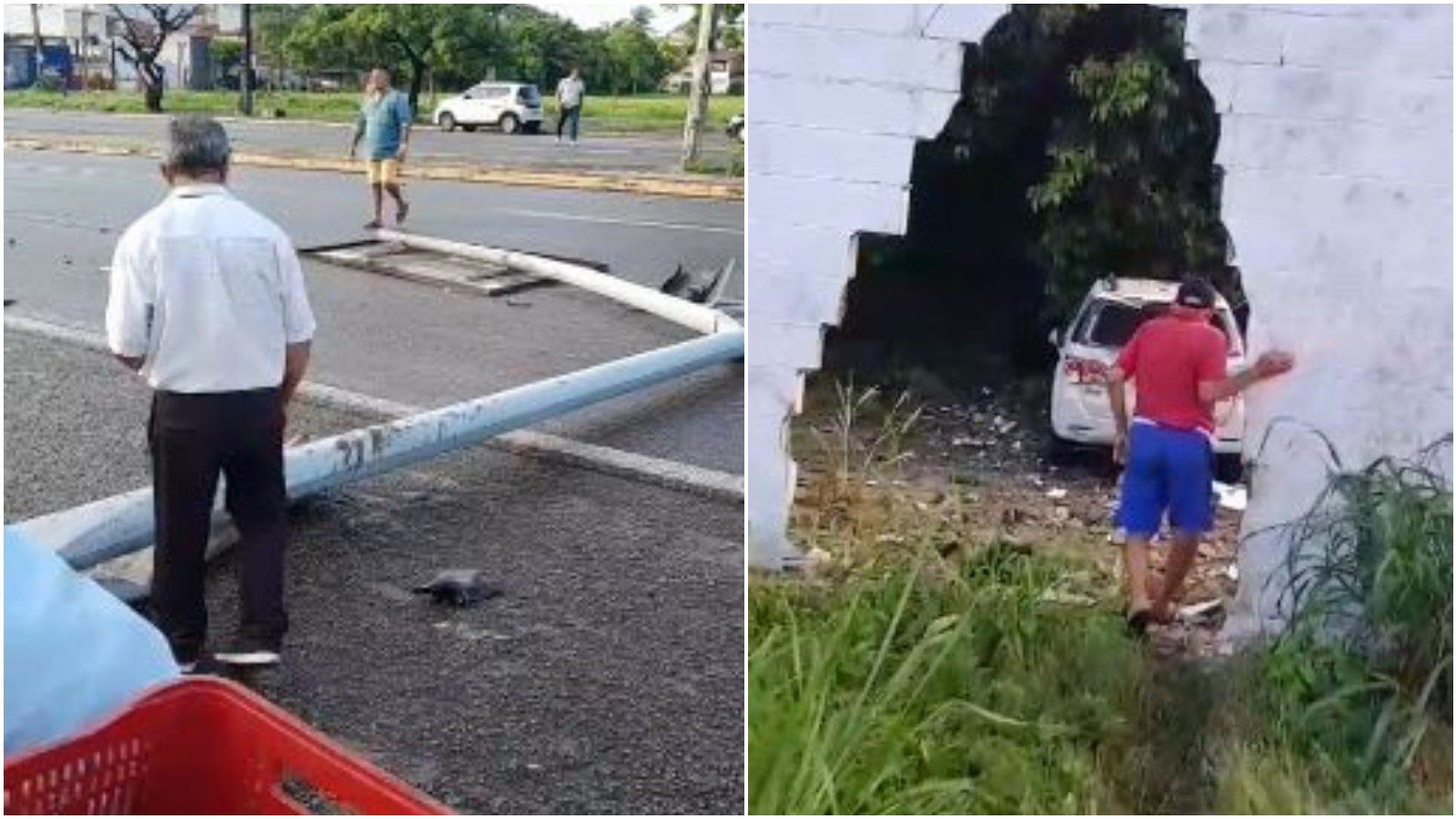 Motorista perde o controle do carro, bate em placa de sinalização e derruba muro da Base Aérea em Fortaleza