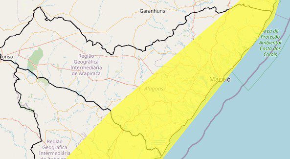 Alagoas tem previsão de chuvas e ventos fortes para 64 municípios