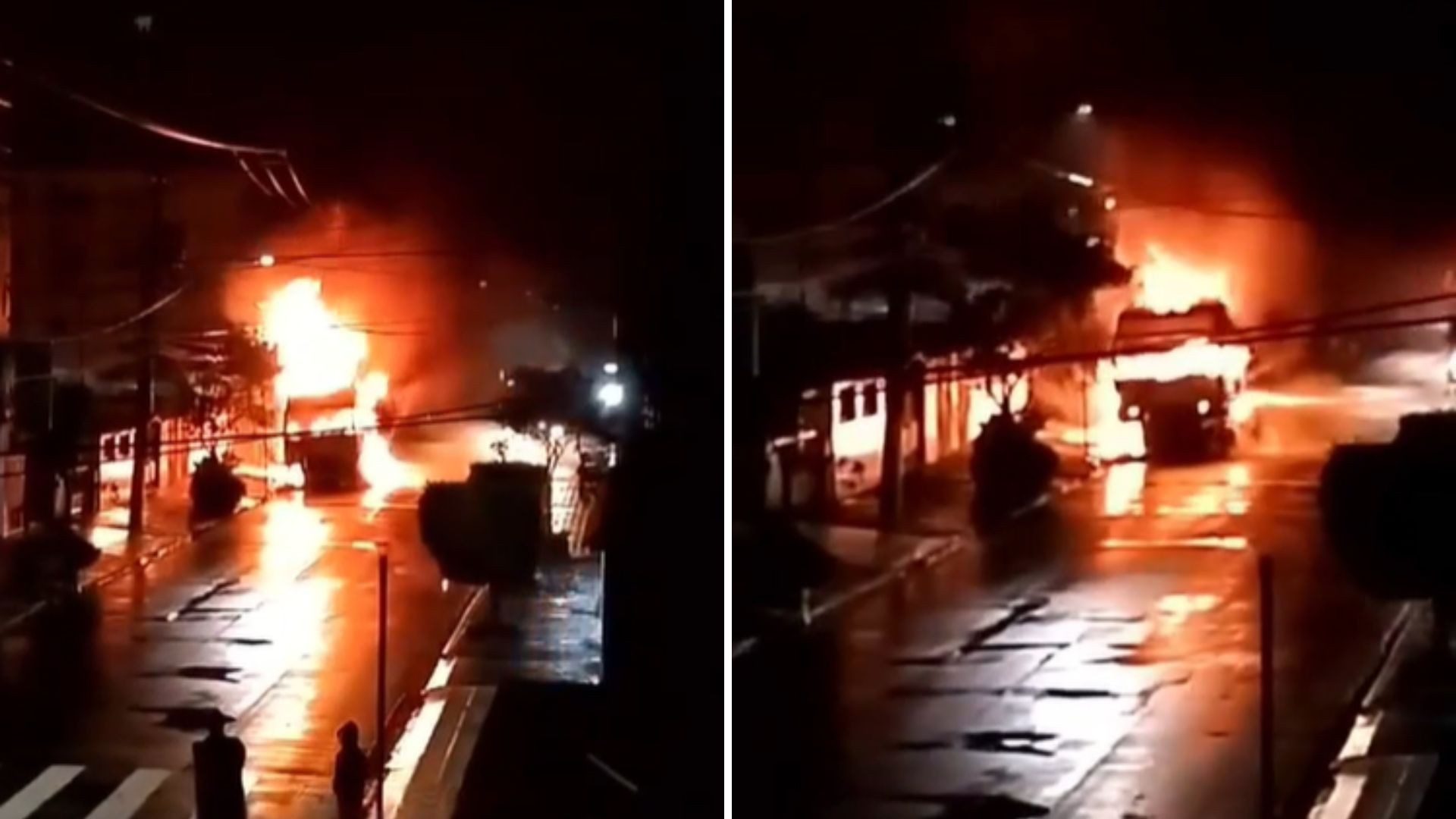 Caminhão é destruído por incêndio e fogo danifica rede elétrica em Praia Grande, SP