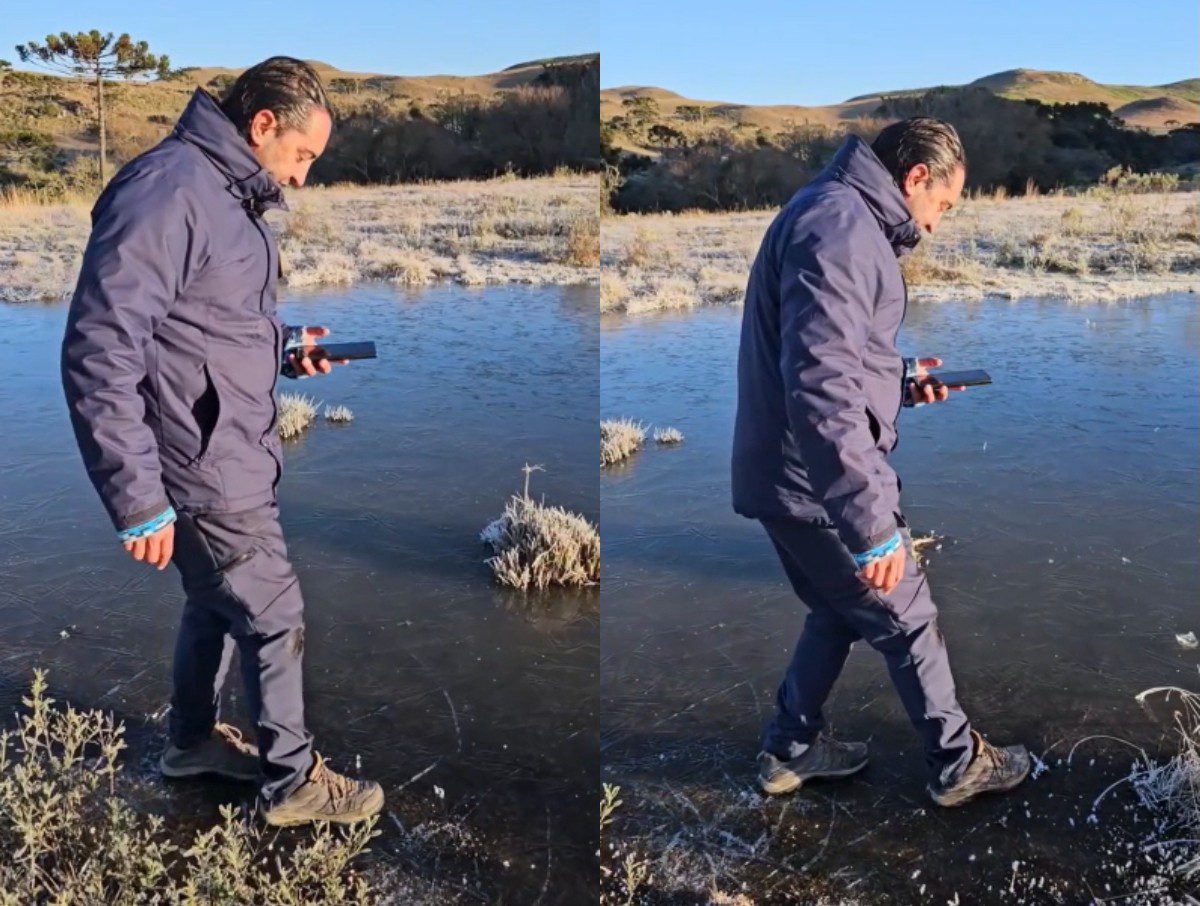 Fotógrafo caminha sobre lago congelado em dia com 40 cidades abaixo de zero em SC; VÍDEO