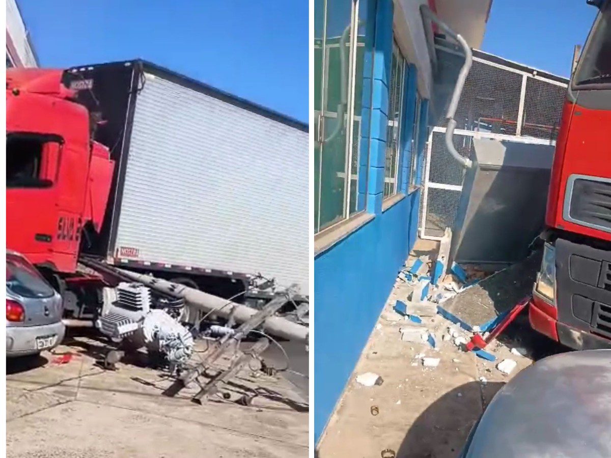 VÍDEO: Caminhão derruba poste, atinge carro e danifica fachada de loja em Hortolândia